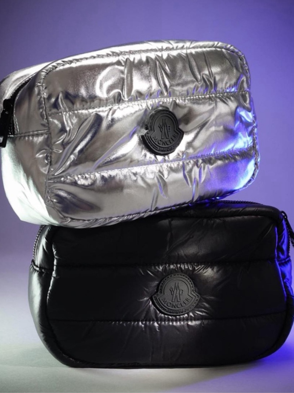 Moncler Metallic Silver Quilted Toiletry Pouch